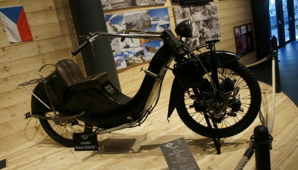 Top Mountain Motorcycle MuseumTysk Megola, 1921, med femsylindret stjernemotor i forhjulet. Sikkert lett å styre!Foto: Jon Winding-Sørensen