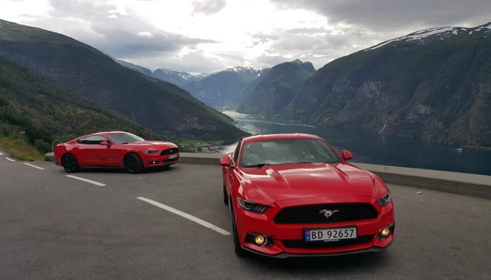 Mads T. Pedersenilde av to Ford Mustang med utsikt over Aurlandsfjorden i bakgrunnen.
