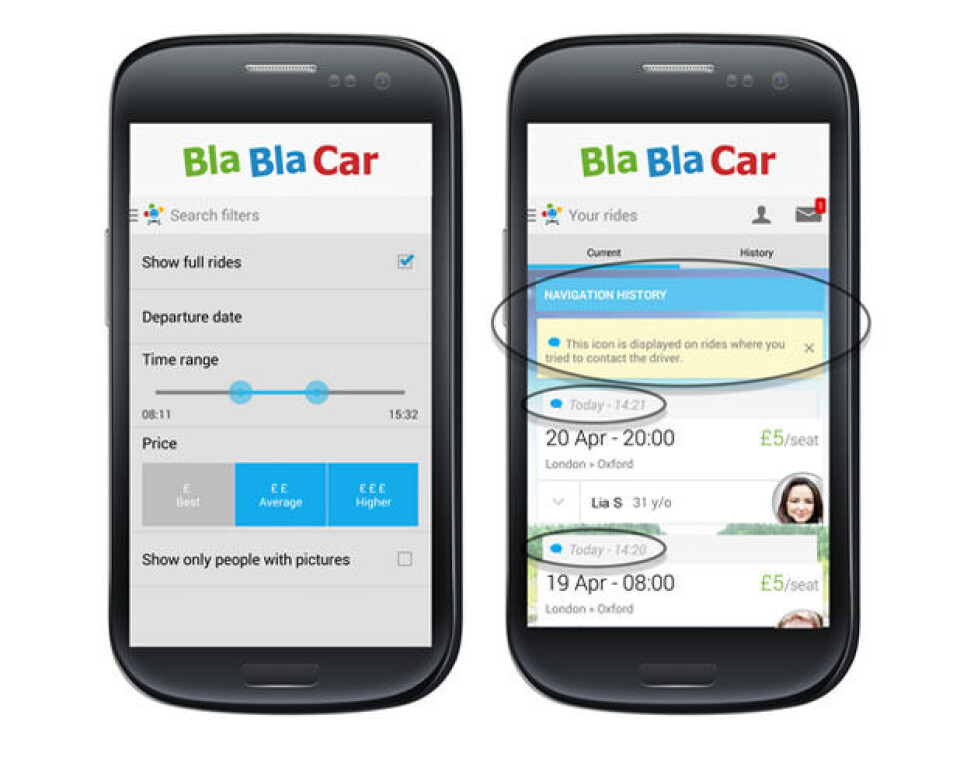 Gjennom BlaBla's app er det lettvint for fører og passasjer å finne frem til hverandre: