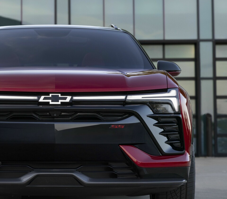 Close up, front view of the 2024 Chevrolet Blazer EV SS in Radiant Red Tintcoat. Preproduction model shown. Actual production model may vary. 2024 Chevrolet Blazer EV available Spring 2023.