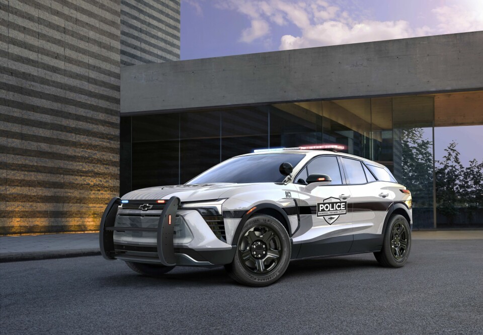 Seven-eighths view of 2024 Blazer EV Police Pursuit Vehicle in Sterling Gray Metallic. Preproduction model shown. Actual production model may vary. 2024 Chevrolet Blazer EV available Spring 2023.