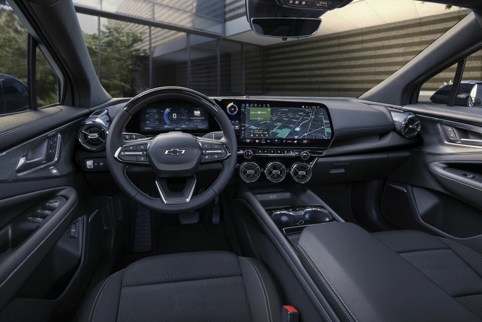 Wide view of front cabin in 2024 Chevrolet Blazer 1LT with Blacken Black interior. Preproduction model shown. Actual production model may vary. 2024 Chevrolet Blazer EV available Spring 2023.