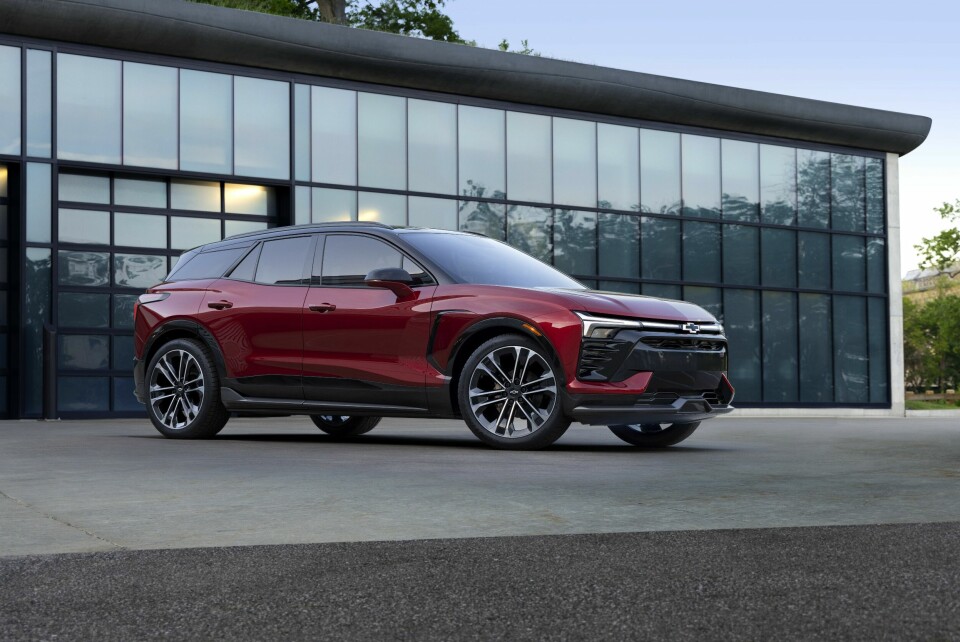 Passenger’s side 7/8 front view of 2024 Chevrolet Blazer EV SS in Radiant Red Tintcoat.  Preproduction model shown. Actual production model may vary. 2024 Chevrolet Blazer EV available Spring 2023.