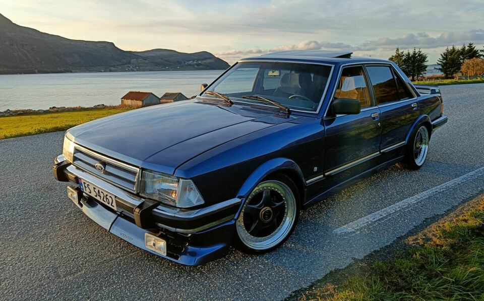 1984 FORD GRANADA har vært gjennom en total restaurering fram til 2021. Da var motoren byttet ut med en 2,9 Cosworth fra Ford Scorpio. Eier: Bendik Marøy Austnes. (Foto: Privat)