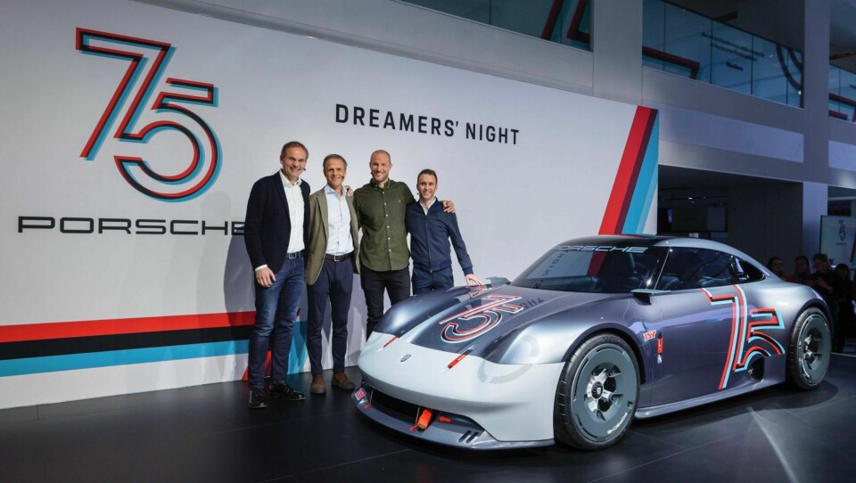 Oliver Blume, Chairman of the Executive Board of Porsche AG, Michael Mauer, Vice President Style Porsche as well as brand ambassadors Aksel Lund Svindal and Timo Bernhard with the Porsche Vision 357, (l-r), 2023