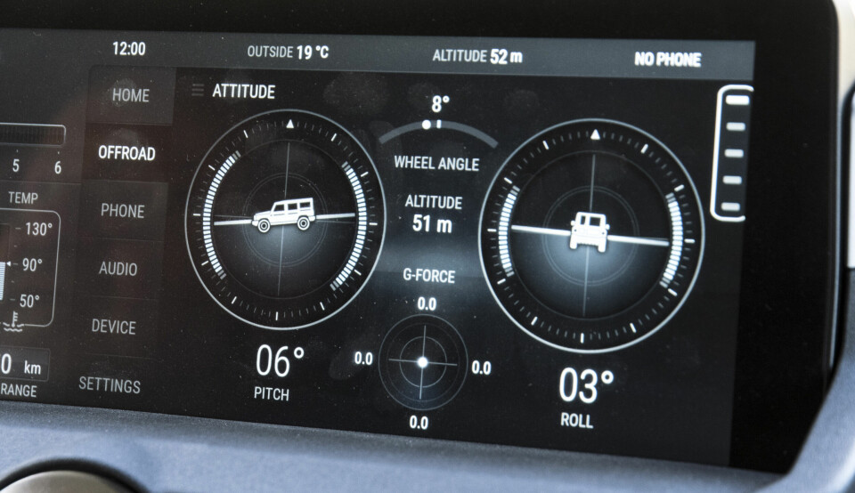 Instrumenter som viser både styrevinkel og hellingsgraden på bilen. (Foto: Øivind Skar)