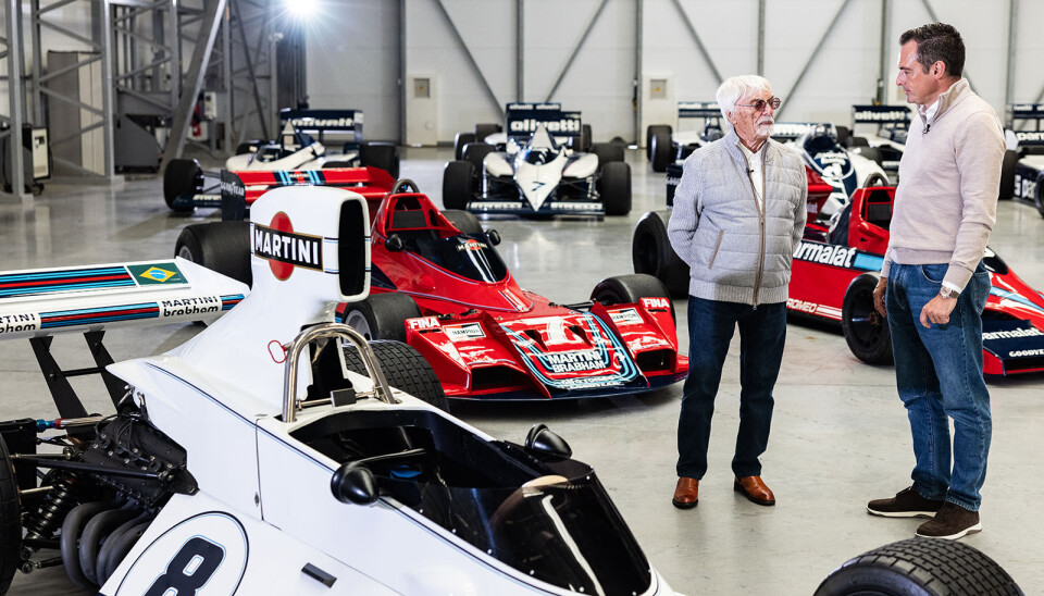 Ecclestone forteller om Brabham BT44B (den hvite, nærmest) som Carlos Reuteman kjørte til seier i Brasil 1975, og om (nummer 7) Niki Laudas BT45C fra 1978 med Alfa Romeos nydelige flate tolver. Han eide teamet.