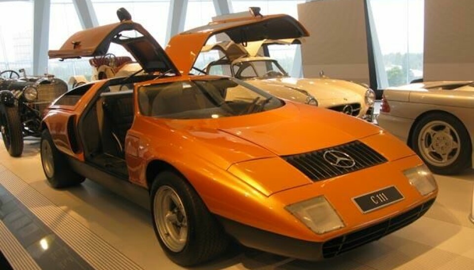 MuseumsbesøkFra Mercedes-Benz museets spesielle Superbil-utstilling nå i sommer. Her er C111, Wankel-motor superbil fra 1969.