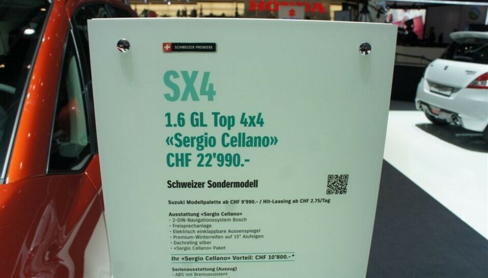 Skjevt blikk på GenèveI Sveits har de allerede begynt å selge SX4 for Sergio Cellano spesialmodell. Ville du latt deg friste? Sergio hvem???? Skjevt blikk på GenèveI Sveits har de allerede begynt å selge SX4 for Sergio Cellano spesialmodell. Ville du latt deg friste? Sergio hvem????