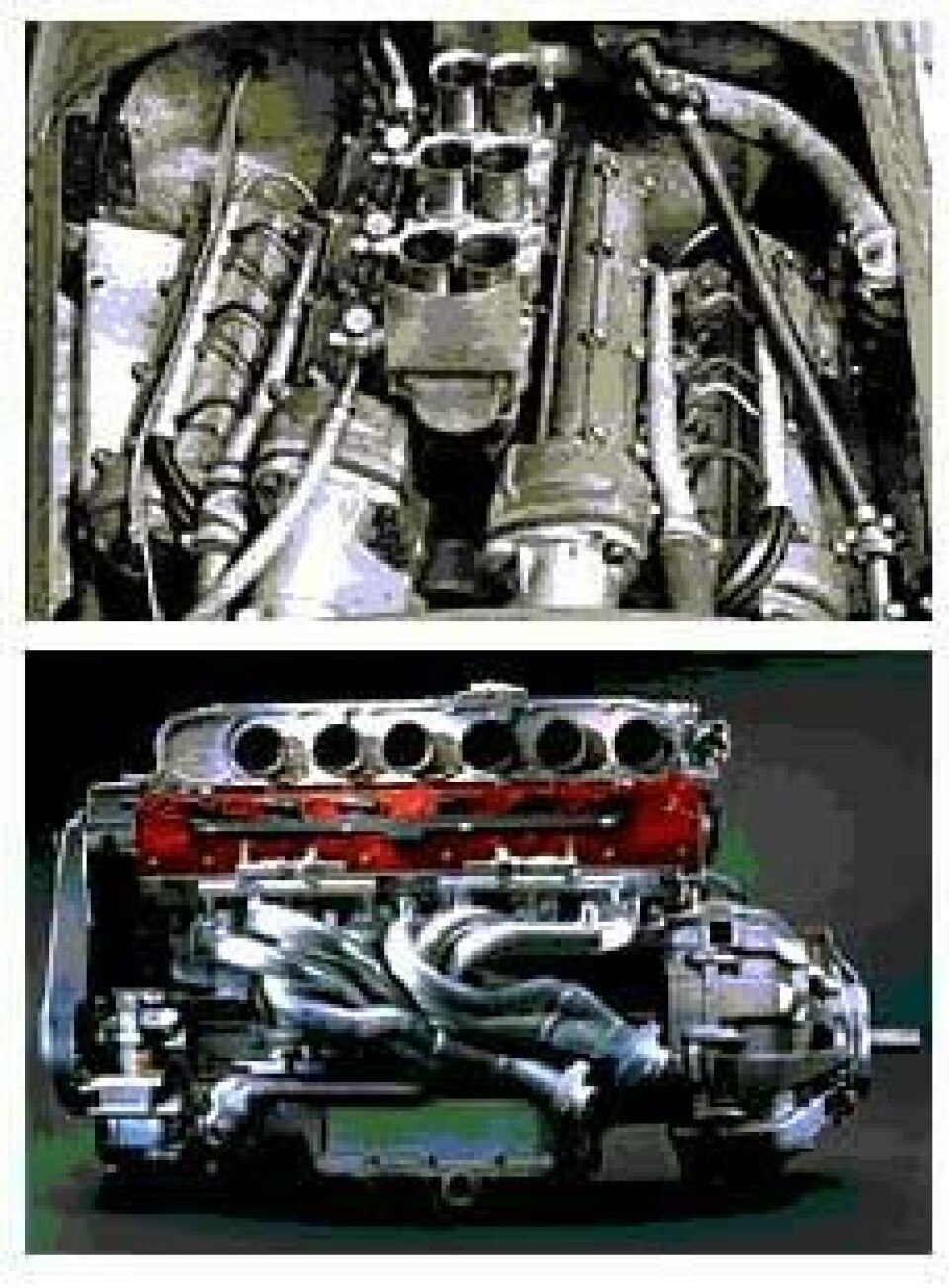 Ãverst ser vi F2 Dino V6-motoren pÃ¥ halvannen liter fra 1956. Nederst V12-motoren fra 550 Maranello. Den 45 Ã¥r gamle motoren hadde en litereffekt pÃ¥ 120 hk, den hypermoderne, bare pÃ¥ ca. 90.Øverst ser vi F2 Dino V6-motoren på halvannen liter fra 1956. Nederst V12-motoren fra 550 Maranello. Den 45 år gamle motoren hadde en litereffekt på 120 hk, den hypermoderne, bare på ca. 90.
